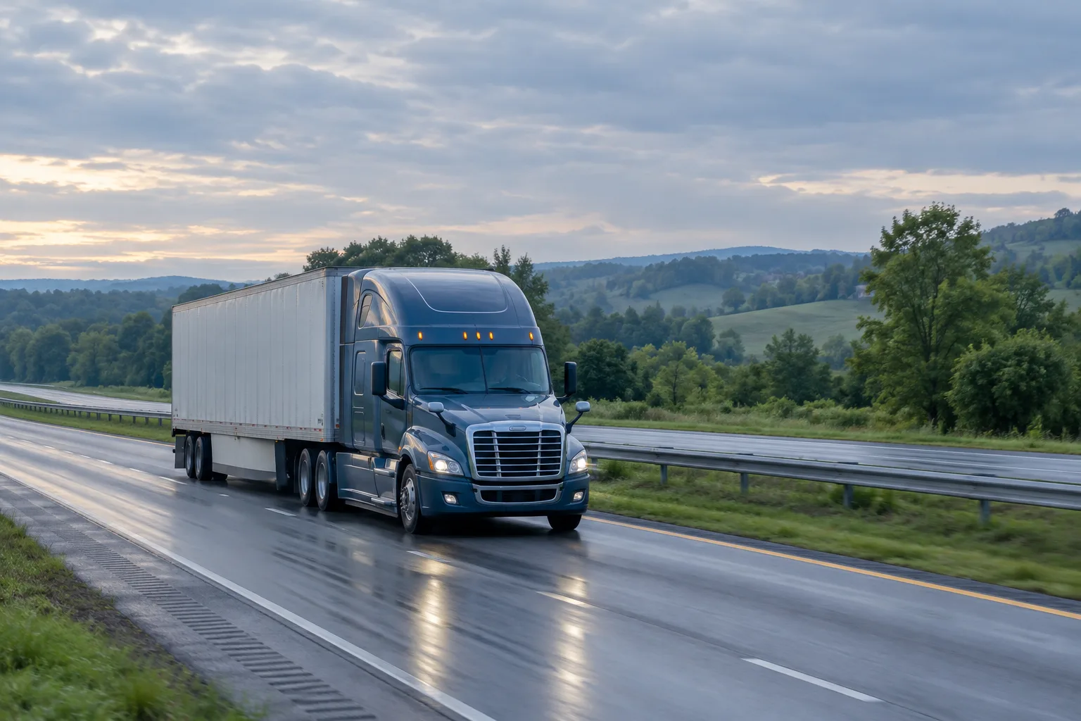 A commercial truck on a Maryland road illustrates ELD records in a Bel Air truck fatigue claim