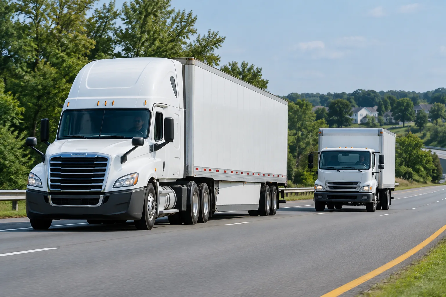 Owner-operator truck accident liability in Maryland, illustrated by commercial trucks on a Bel Air-area road